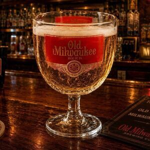 Vintage Old Milwaukee Beer Goblet Glass Schlitz Brewing Co Red Logo Barware USA